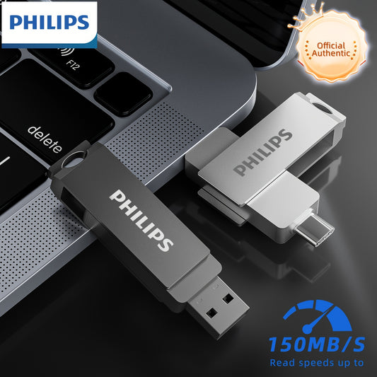 PHILIPS Dual USB-C Flash Drive, 2-in-1 USB+Type-C, 360° Swivel Design, Up to 150MB/s Transfer Speed for Android, Tablet, Laptop - 32GB, 64GB, 128GB, 256GB Storage, Portable Data Storage|Modern Storage Device|Secure Data Transfer