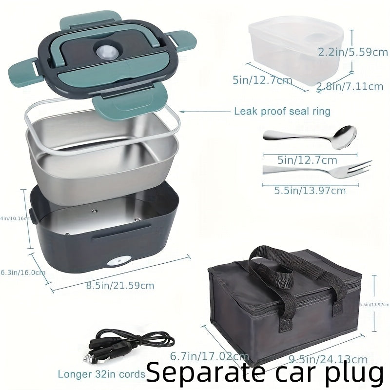 50.72Oz Stainless Steel Electric Lunchbox with Separate Car Plug - Portable, Leak-Proof Insulated Container for Hot Meals & Snacks, Includes Forks, Spoon, And Insulated Bag, Ideal for Students And Commuters, Commuter Lunchbox | Modern Lunchbox | Durable