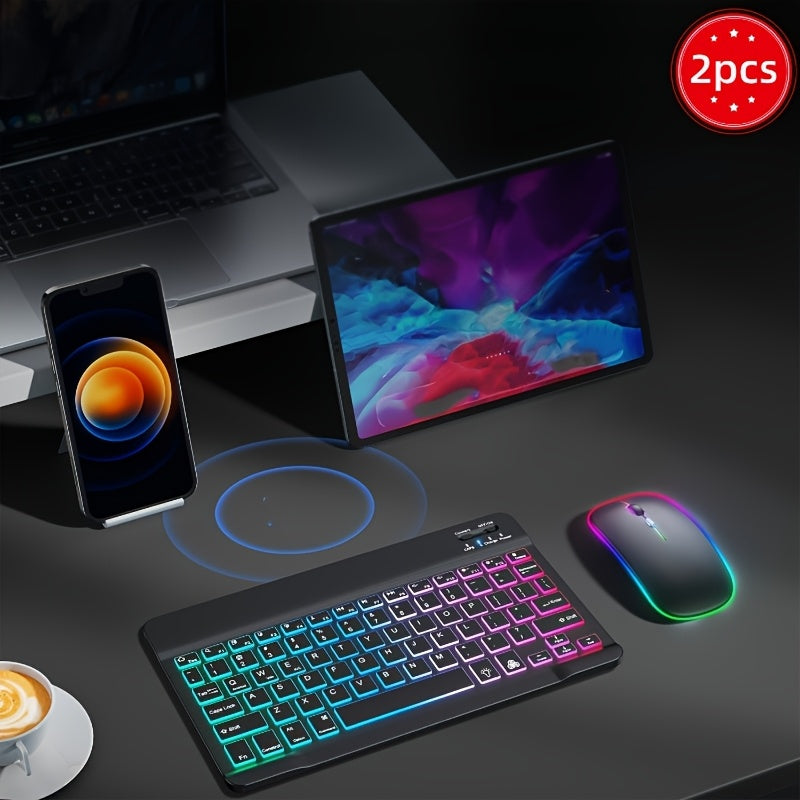 2pcs Ultra-Thin Wireless Backlit RGB Keyboard and Mouse Set, Supports BT3.0+2.4G Dual Mode Connection, Multi-System Compatible, Suitable for Mobile Phones, Tablets, Laptops, etc., Elegant Gift