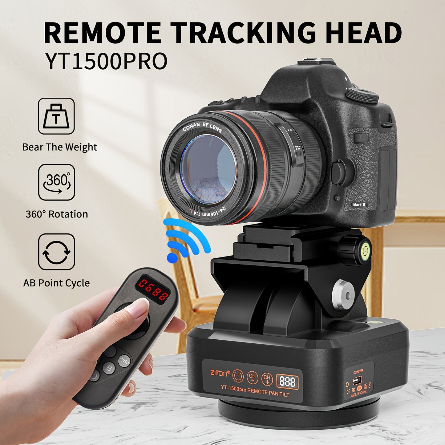 ZiFon YT1500pro new electric rotating head,, built-in 2000mAh rechargeable battery, horizontal 360 rotation, 8-speed, vertical tilt 52 degrees load capacity of 2kg (70.5oz), with remote joystick remote control and AB point infinite round-trip function, c