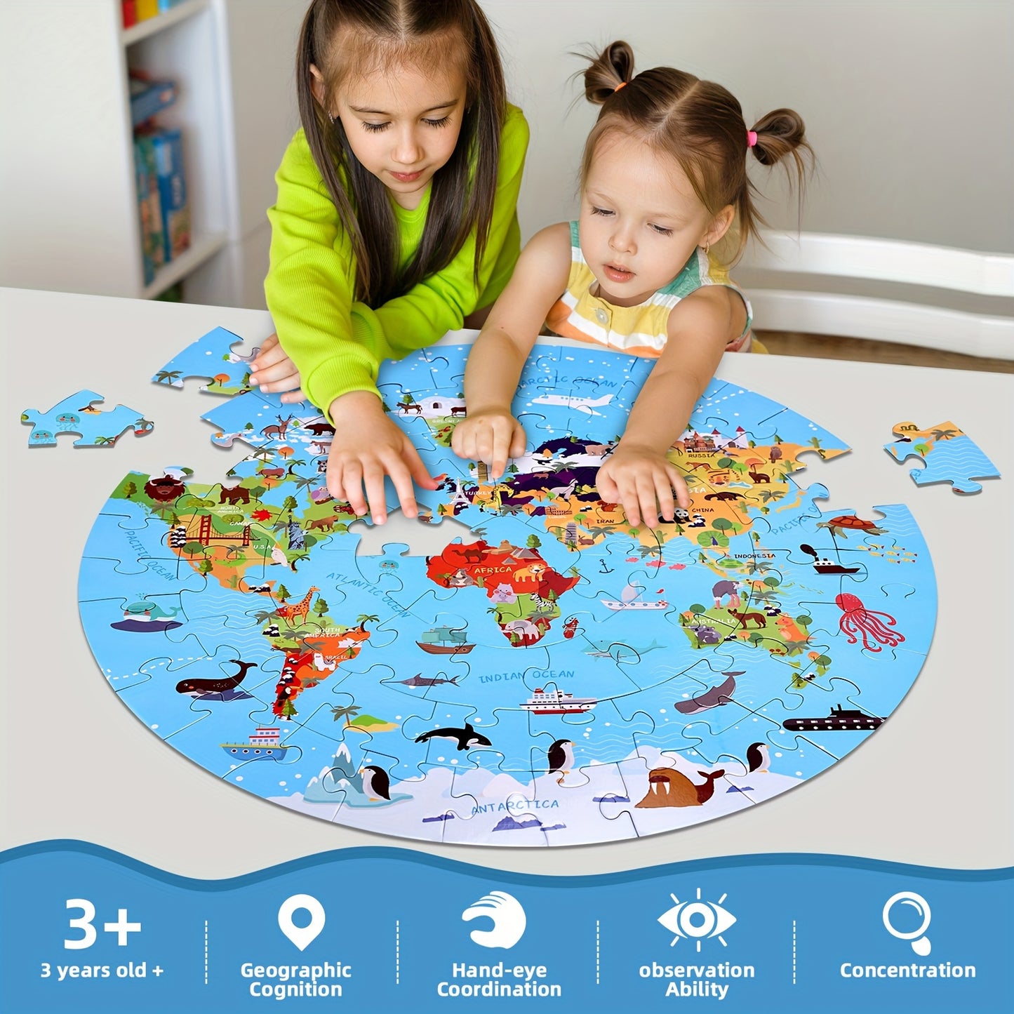 70pcs Animal Floor Puzzle – Educational Round Design with Vibrant Continents and Animal Patterns – Durable Blue Cardboard – Promotes Early Learning and Cognitive Development, Ideal for Family Bonding and Classroom Activities, Stimulates Kids' Curiosity a