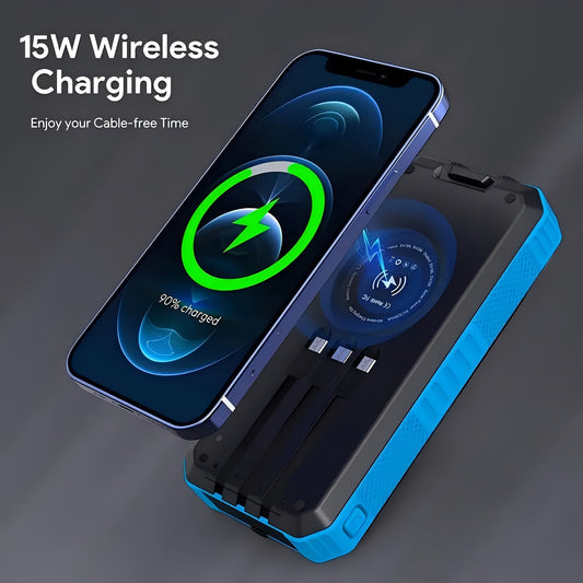 Solar Power Bank Wireless Charger 30000mAh Built-in 4 Cables Six Outputs 15W Fast Charging Mobile Power Bank Suitable for All Mobile Devices Three Inputs with Dual Flashlights Solar Portable Charger - Blue