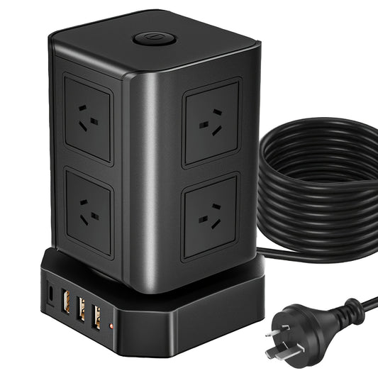 Dual-Tier Smart Power Strip with 3 USB Ports & Type-C, Overload Protection, Australian Plug, Compact Cube Design for Office & Home Use, Office Power Solution | Cubeshaped Strip | Robust Material