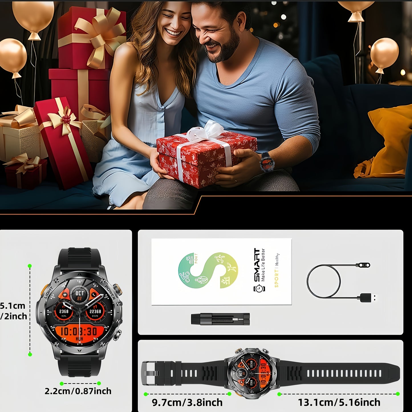 ECWORD Outdoor Sports Smartwatch - 4.32cm Full Touch HD Screen, 1000mAh Long Battery Life,, LED Flashlight, 100 Sport Modes, Health & Fitness Tracker, Wireless Calling, DIY Dials, Metal Case, Android & iOS Compatible, Outdoor Fitness Tracker|Metal Watch