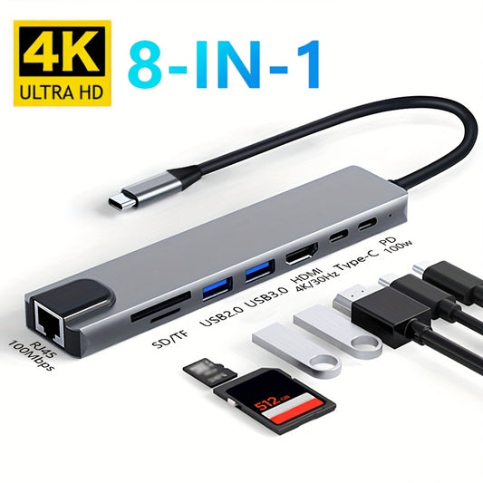 8-in-1 USB-C hub, Type-C to 4K 30Hz HDTV adapter for high-definition TVs, featuring USB-C, PD 100W charging, data transfer RJ45 gateway, SD and TF card readers, and USB 2, 0/3, 0 ports, suitable for laptops