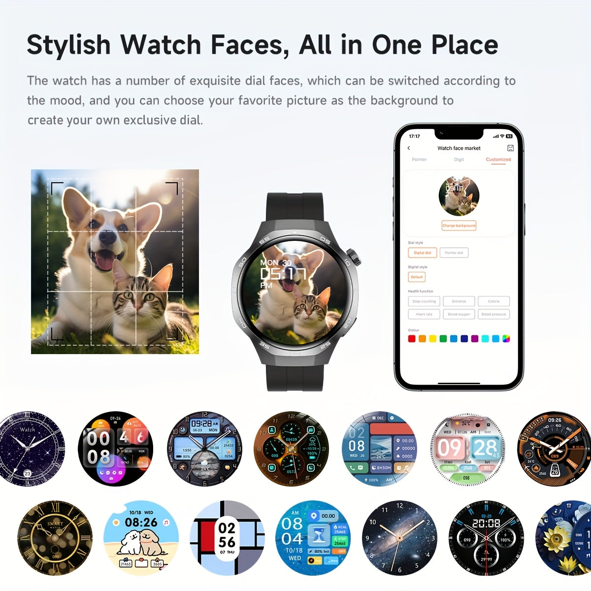 GUHUAVMI Smart Watch 5 Max - Men's and Women's Fashion Smartwatch, 3.89cm HD Full Touch Screen, Wireless Calling, Voice Assistant, Information Alerts, Music Control, NFC Access, Fitness Tracker with Compass, Sports Modes, USB Rechargeable, Compatible wit