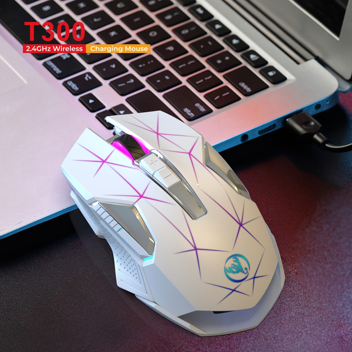HXSJ T300 2.4G Wireless Mouse Colorful Backlight, Rechargeable, Optical Sensor, USB Plug-and-Play, Suitable for Home, Office and Gaming Use