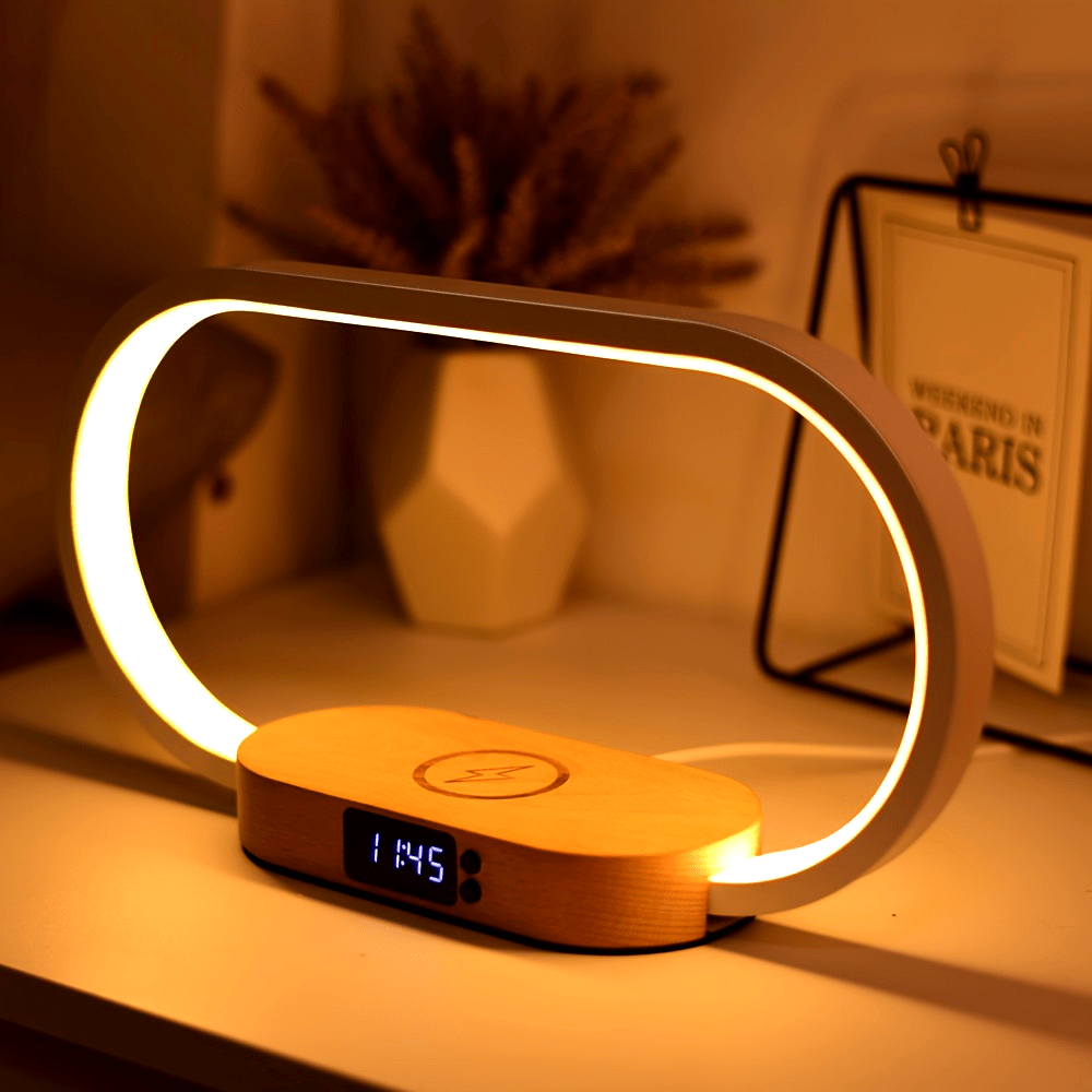 Multifunctional 10W wireless charging station, LED desk lamp, night light, time, USB port TPYE-C charging port suitable for bedroom, living room, office, iPhone, fast charging station, perfect gift