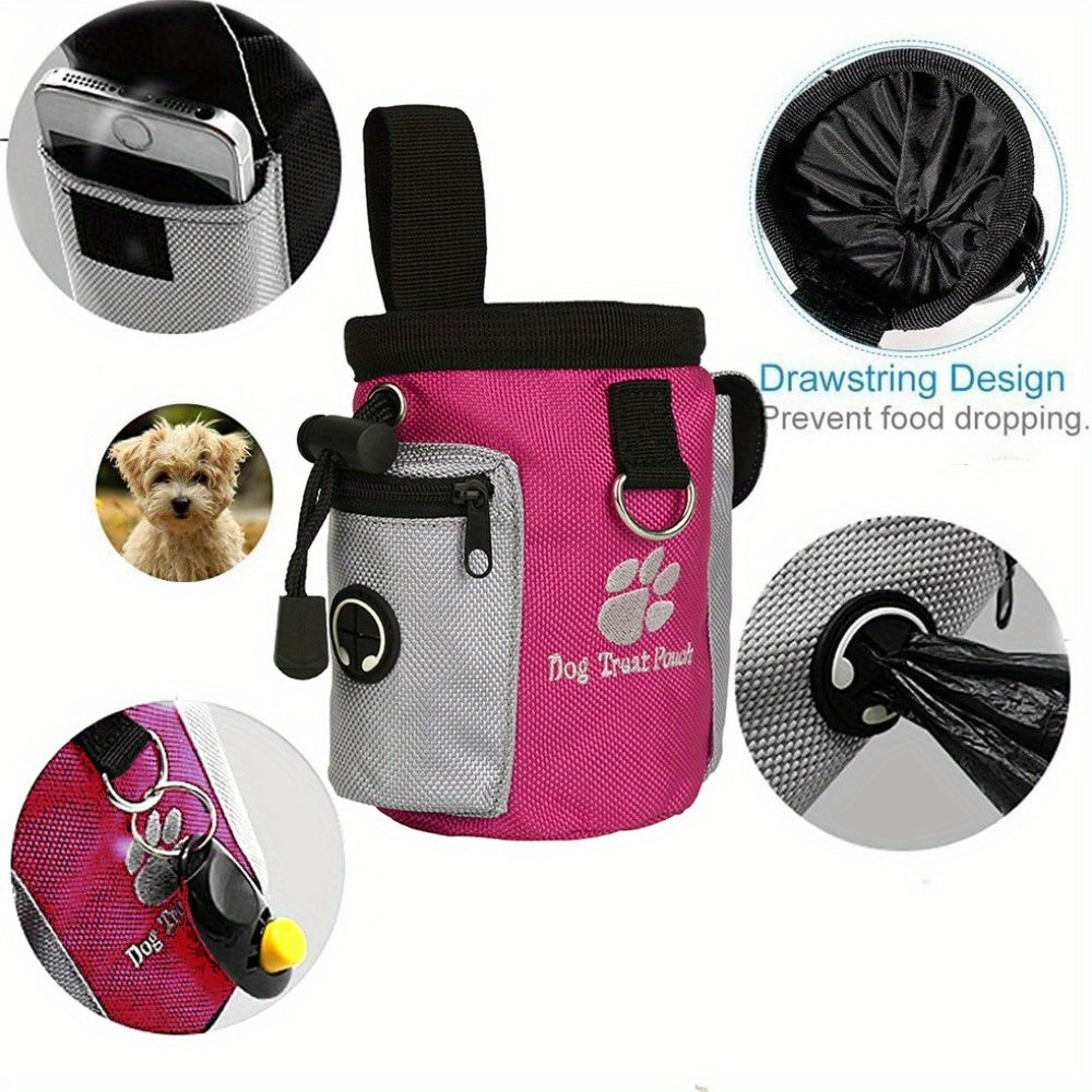 1pc BRAIDOL Large Capacity Dog Training Pouch with Built-in Garbage Bag Dispenser, Durable Polyester Clip & Hook Design, Paw Print Pattern - Easy to Carry Feeding Pouch for Dog Trainers & Pet Owners (Blue, Black, Rose), Dog Training Bag, Secure Zipper Cl