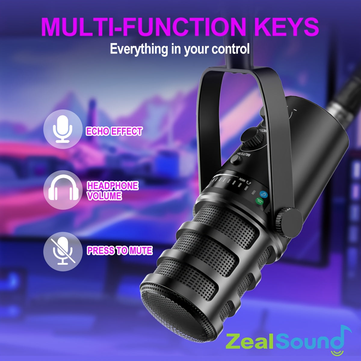 ZealSound Dynamic Microphone with USB-C & XLR/XLR-Female Connectors, 3.5mm Headphone Jack, Echo Effect, Headphone Volume Control, Press to Mute, Real-Time Monitoring for Gaming, Recording, Streaming, Voice Chat, Gaming Audio Gear, Sleek Microphone Design