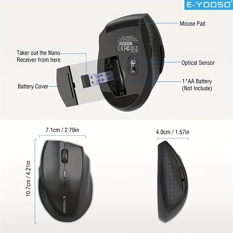 E-YOOSO 1pc Portable 2.4G wireless office Mouse with Nano receiver Plug and Play with automatic sleep low power prompt Mouse Supports desktop office mouse for WindowsXP/ for Vista/ for Win7, 8 for Mac10. x and other operating systems