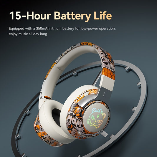 15-Hour Battery Life, Wireless Over-Ear Headphones with Lithium Battery - Low-Power Operation, Ideal for Gaming & Music, Outdoor Use, Push Button Control, Volume Control, No Charging Case, Gaming Headphones|Graffiti Design Headphones|Pushbutton Control H