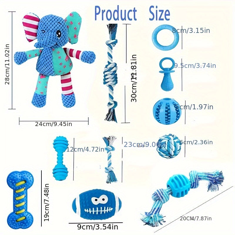 16pcs Blue Series Dog Chew Toy Set, Rubber Plush Knot Teeth Cleaning Toys for Small Dogs - Assorted Variety