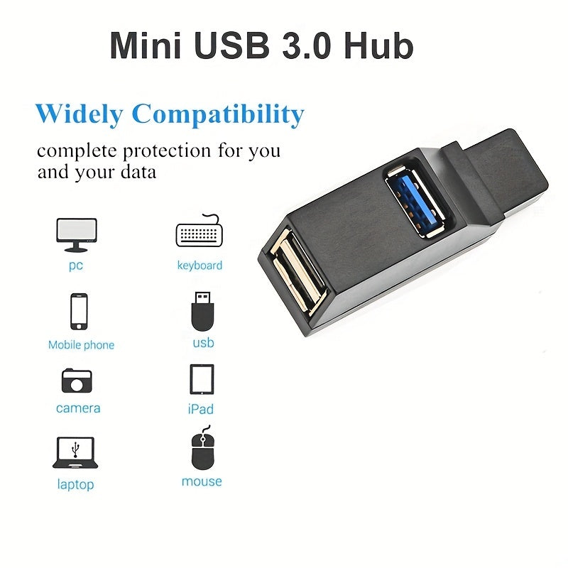 3-Port USB 3.0 Hub Adapter Extender for Laptops - High-Speed Mini Splitter Box with Card Reader, Black, Compact Design for PC and U Disk Connectivity, Laptop Accessories | Portable Storage Solution | Multidevice Compatibility