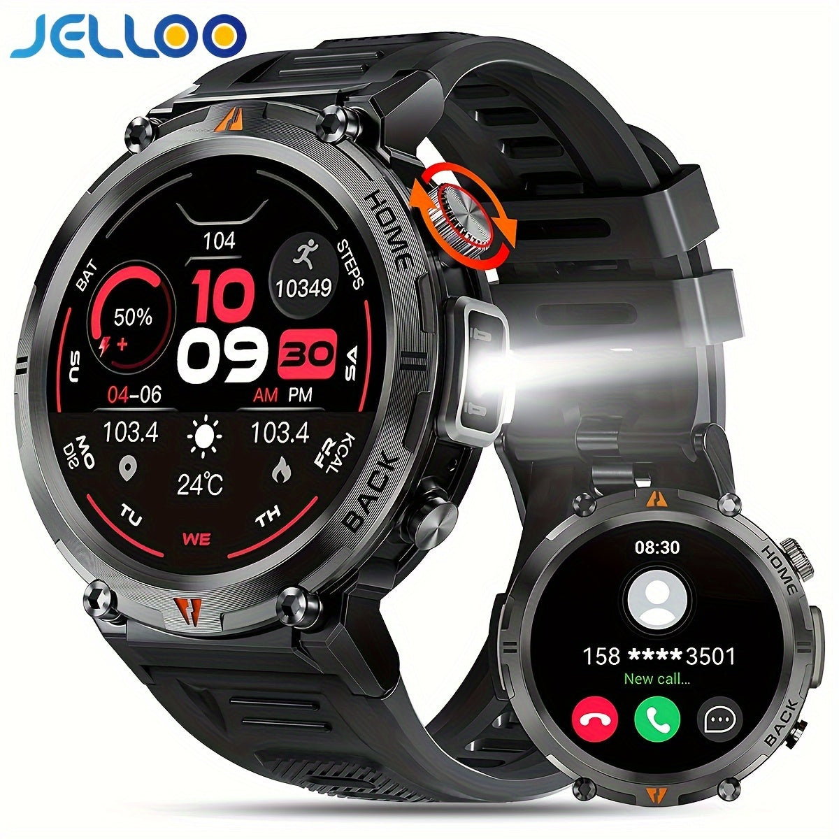 JELLOO 3.68 cm Touchscreen Smart Watch with Flashlight - Fitness Tracker for Men, Answer/Make Calls,, Rechargeable Battery, Zinc Alloy Body, Silicone Strap, Ideal for iPhone & Android, Fitness Tracker Watch|Minimalist Watch Design|Durable Watchband, Smar