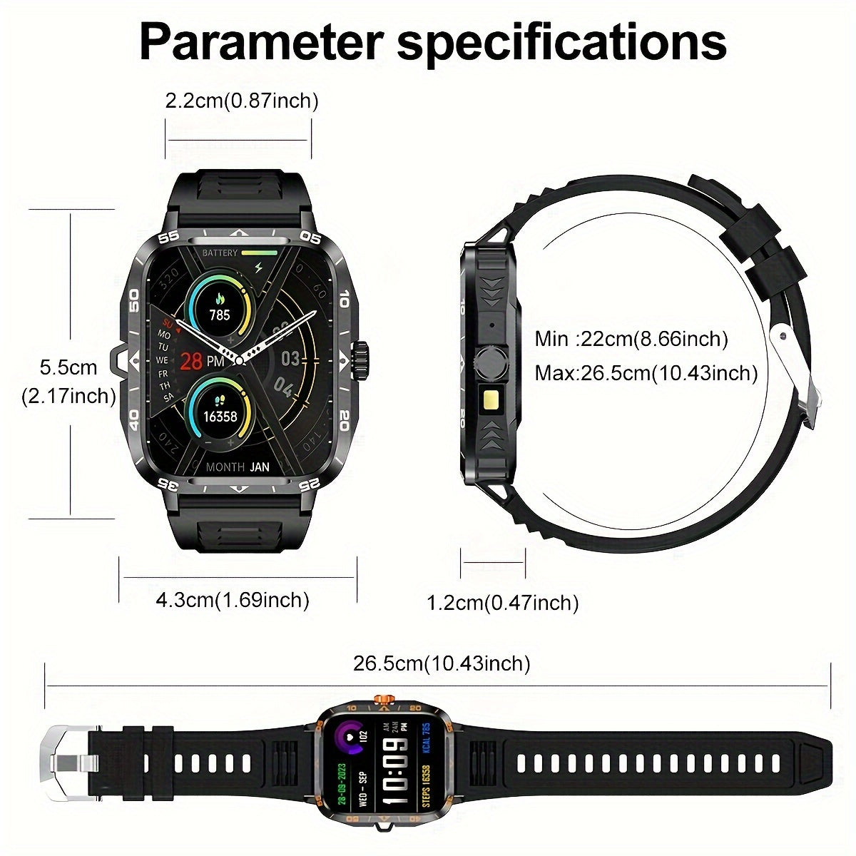 1.95-inch Smart Watch with LED Flashlight, Compatible with Android and iPhone, 100+ Sports Modes, Custom Faces, Step Counter, Distance Measurements, Waterproof, USB Charging, Wireless 5.1, TFT Display, Polymer Lithium Battery 300mA