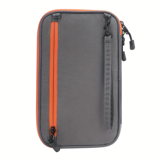 Lightweight Travel Passport Holder & Ticket Organizer Pouch with Detachable Shoulder Strap, Zipper Closure - Durable Polyester Travel Bag for Airplane Tickets, ID, Hotel Documents (Grey & Orange)