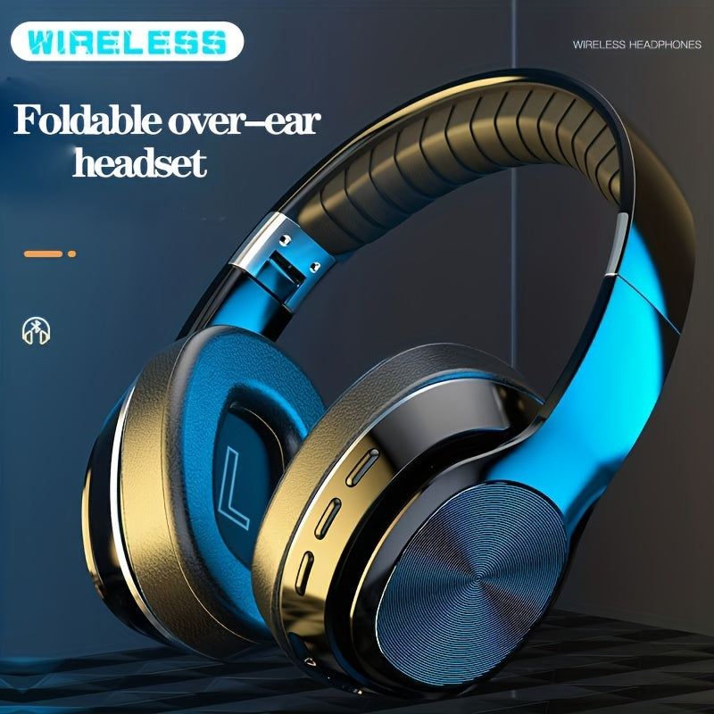 High-End Over-Ear Wireless Headphones with Metal Folding Design, Surround Sound, Wireless, TF Card/Radio Modes, USB-C Charging, Ergonomic Comfort for Sports, Gaming & Running - Blue & Golden