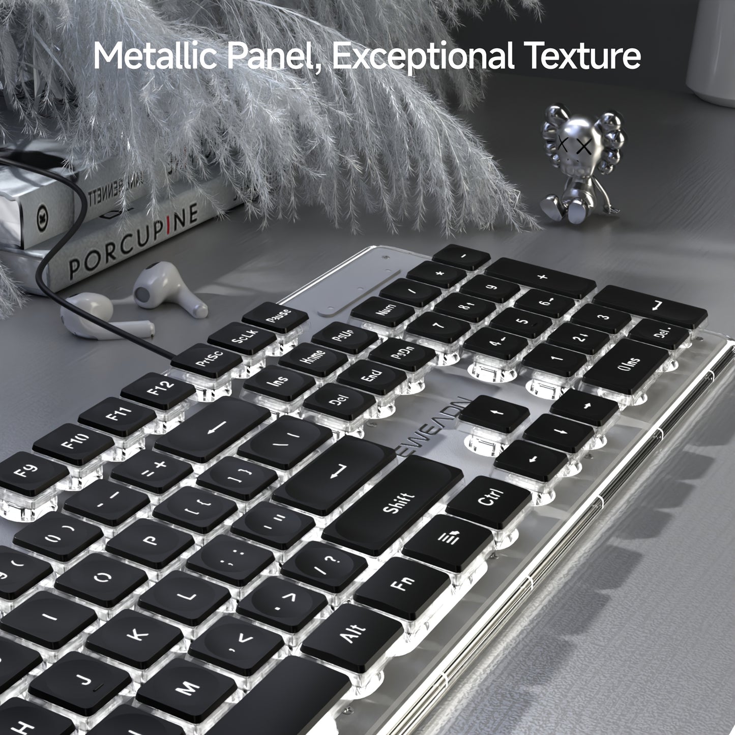 EWEADN Gaming Keyboard wired LED-backlit, black Office keyboard silent full size, ergonomic design keyboards slim, Compatible with Windows/Laptop/ PC peripherals, suitable for e-sports gamers, school dormitory, study and work