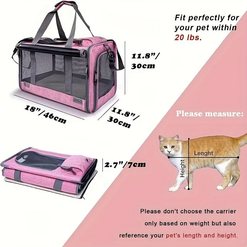 Soft-Edge Pet Travel Carrier for Medium Cats & Small Dogs - Foldable, Zipper Closure, Carry Handle - Ventilated Portable cat & dog cage - Lightweight & Sturdy for Vet, Airplane, Car, Home - Pet Safety Travel Bag, Dog Carrier for Small Dogs, Durable Polye