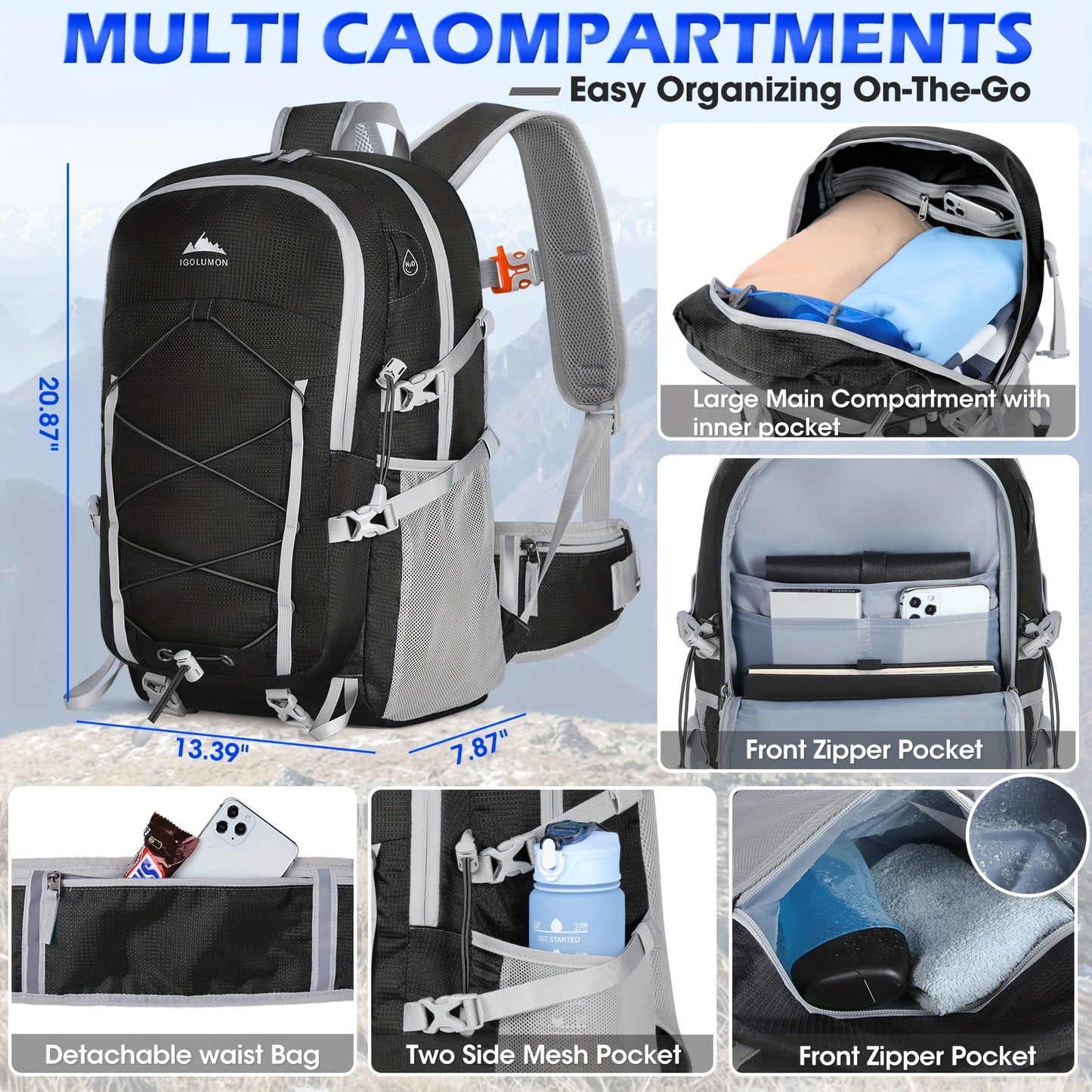 IGOLUMON 40L Foldable Hiking Backpack - Lightweight Nylon Trekking & Camping Backpack with Multiple Compartments, Adjustable Straps, and Laptop Compartment for Men and Women (Black/Orange/Turquoise), Backpacking Gear, Outdoor Adventure Gear, Durable Zipp