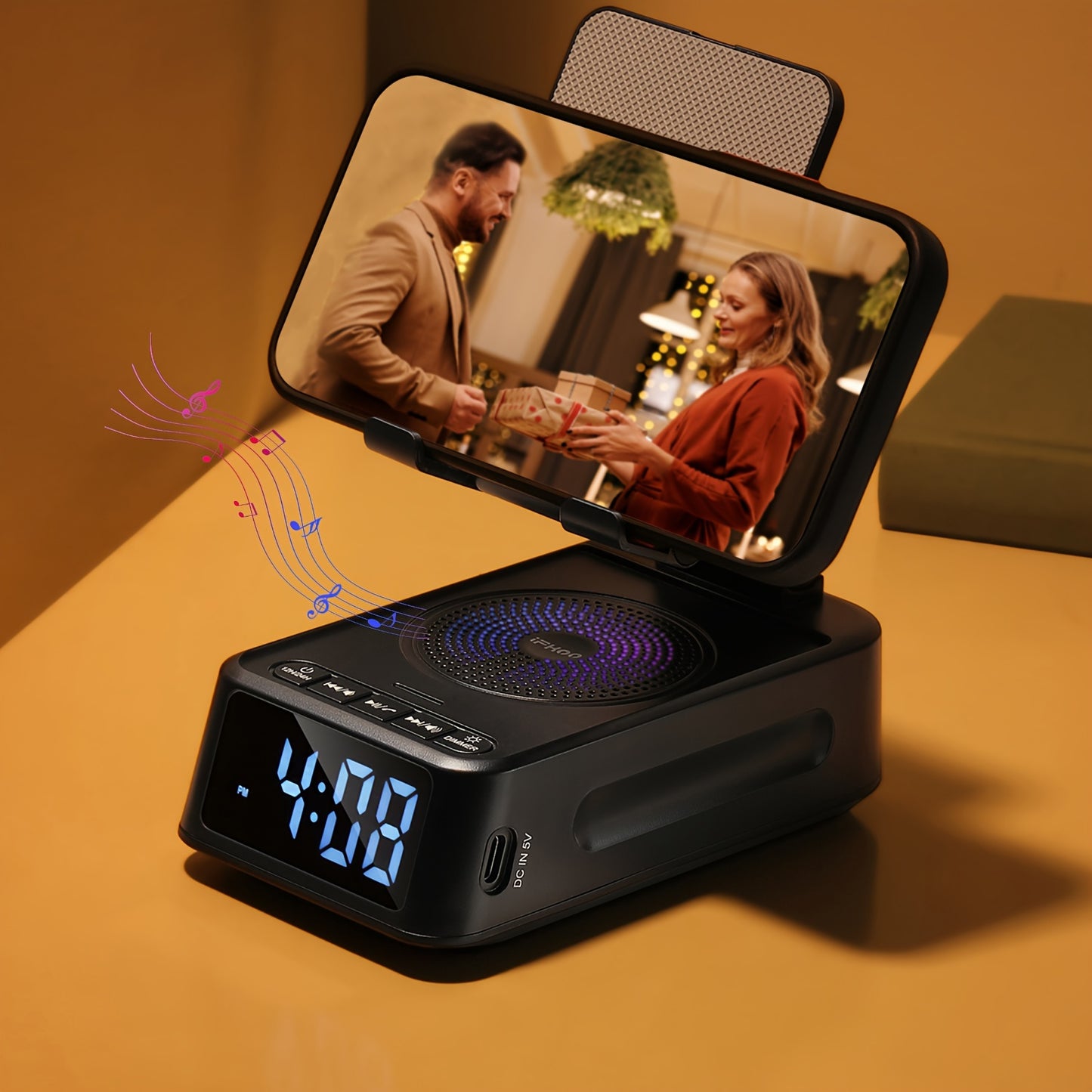 3-in-1 Phone Stand with Wireless Speaker & Digital Clock – Stereo Sound, Built-in Microphone, USB-C Charging, Ideal for Smartphones & Tablets, Perfect Gift for Men & Women, Home Office, Travel, and Camping, Phone Holder