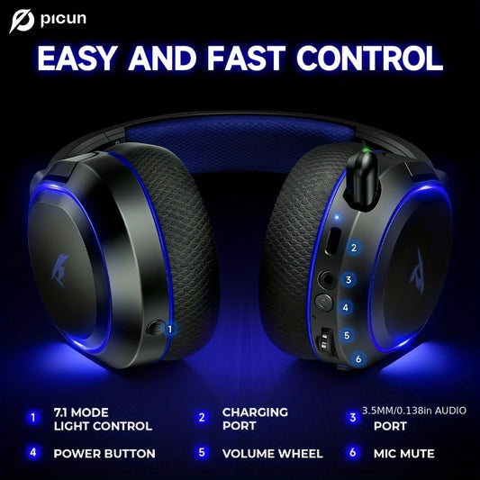Picun Valorise UG-08S Wireless RGB Gaming Headset with 7.1 Surround Sound, Noise-Cancelling Mic, 3 EQ Modes & Dual USB-A/C Receiver for PC/PS5/Switch - Black with Blue Accents, Over-Ear Design, Comfortable Padded Ear Cups, Wireless Gaming Headset