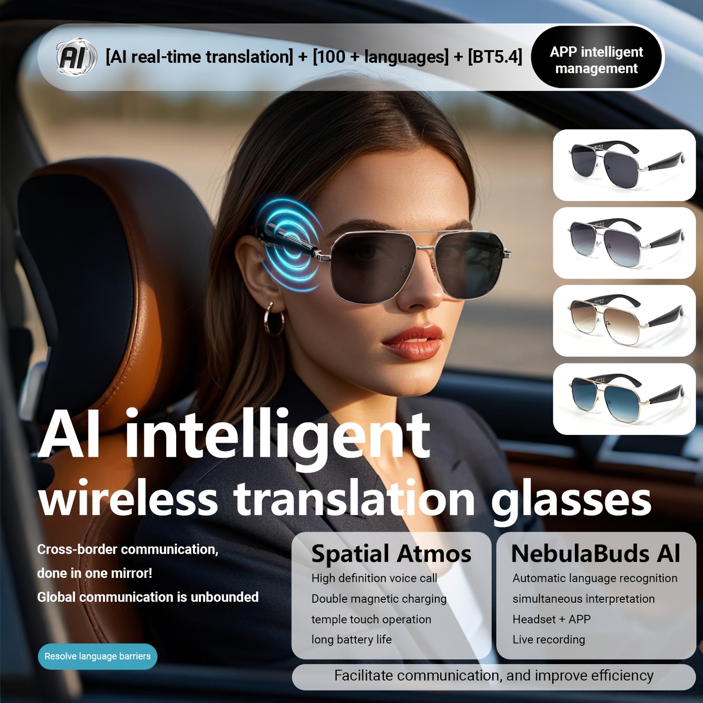 AI Glasses for Men/Women, Bluetooth Translation Smart Glasses with 100+ Languages, Magnetic Charging & Polarized Protection, Handsfree Translation, Sleek Design, Lightweight Frame, Protection Eyewear, International Speakers