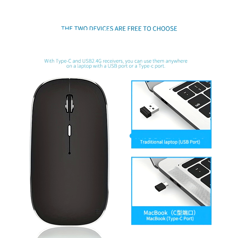 1pc Type-C Rechargeable Wireless Mouse with 2.4G Dual Receiver, Silent Operation, Durable Plastic Build, Long-Lasting Lithium Polymer Battery - Compatible with Multiple Devices