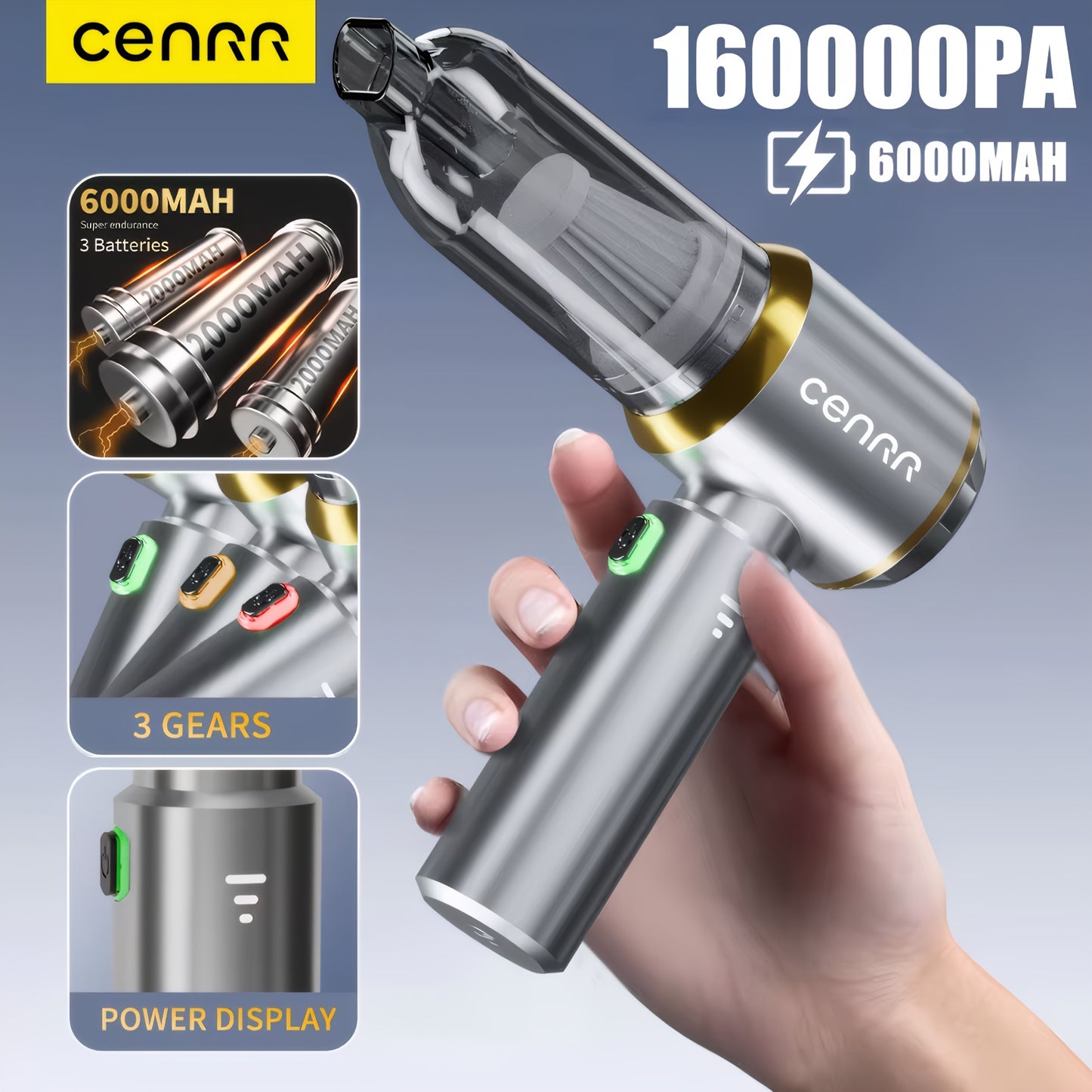 CENRR 160000PA Portable Handheld Wireless Car Vacuum Cleaner - 3-Battery Power, 3-Speed Adjustable, 0.1-0.2L Dust Cup, 65dB Quiet Operation, USB Rechargeable for Car Interior Cleaning, Car Vacuum Cleaner, Sleek Design, Durable Construction