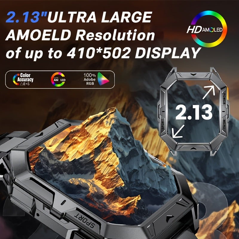 LIGE Men'S 2025 Smartwatch - IPX8, 2.13-Inch AMOLED Display, 100+ Sport Modes, Wireless Calls, 850mAh Battery, Compass, Compatible with for iphone/Android, USB Rechargeable, Durable Design - Ideal Gift for Him, Smart Fitness Tracker, Sleek Watch Design,