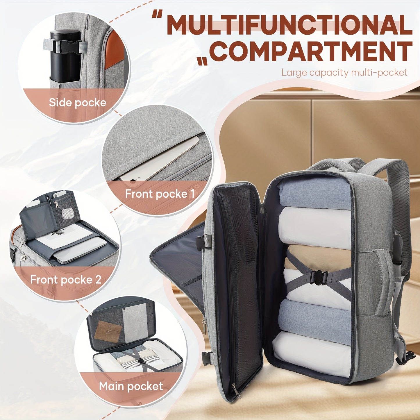 A Versatile Outdoor Lightweight Backpack with Two Handles, Featuring a Stylish And Minimalist Patchwork Design, Durable And Water-Resistant, Suitable for Camping, Hiking, And Short Trips, with a Compartment for a Laptop Inside.