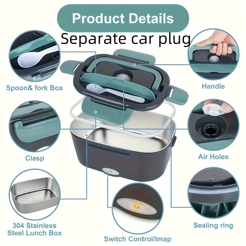 50.72Oz Stainless Steel Electric Lunchbox with Separate Car Plug - Portable, Leak-Proof Insulated Container for Hot Meals & Snacks, Includes Forks, Spoon, And Insulated Bag, Ideal for Students And Commuters, Commuter Lunchbox | Modern Lunchbox | Durable