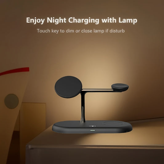 1pc TIMESS 15W 3-in-1 Wireless Charger, QI Magnetic Charging Station with 3-Level Night Light, USB Powered, Supports Apple & Samsung, Zinc Alloy, for Phone, Smart Watch & Headset