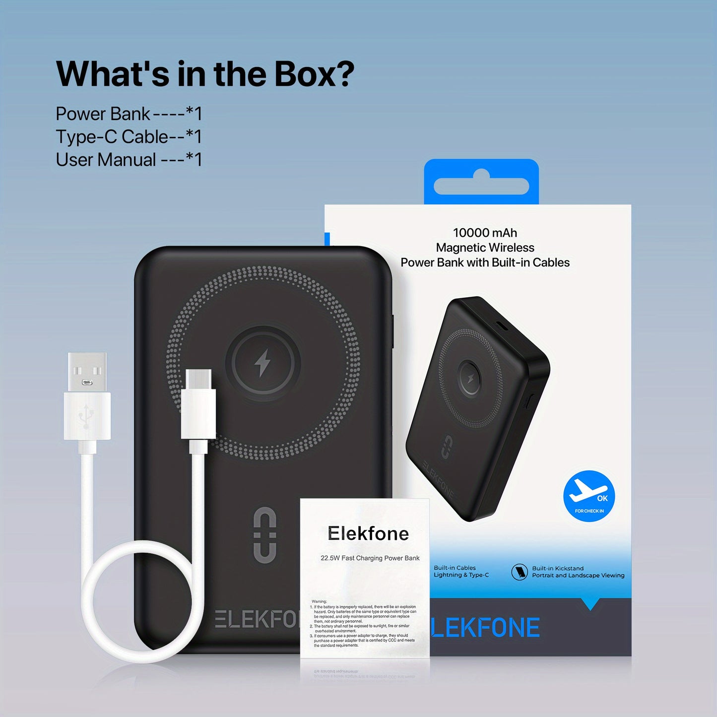 Magnetic Wireless Power Bank 10000mAh, Built-in Cables and Foldable Kickstand, Compact Design for Phones, Tablets and More