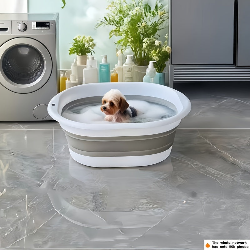 Portable Pet Folding Bathtub + Grooming Brush - Anti-Slip, Easy-Storage, Gentle on Pet Light Beige, Multipurpose Cleaning Solution for Dogs Cats