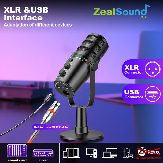 ZealSound Dynamic Microphone with USB-C & XLR/XLR-Female Connectors, 3.5mm Headphone Jack, Echo Effect, Headphone Volume Control, Press to Mute, Real-Time Monitoring for Gaming, Recording, Streaming, Voice Chat, Gaming Audio Gear, Sleek Microphone Design