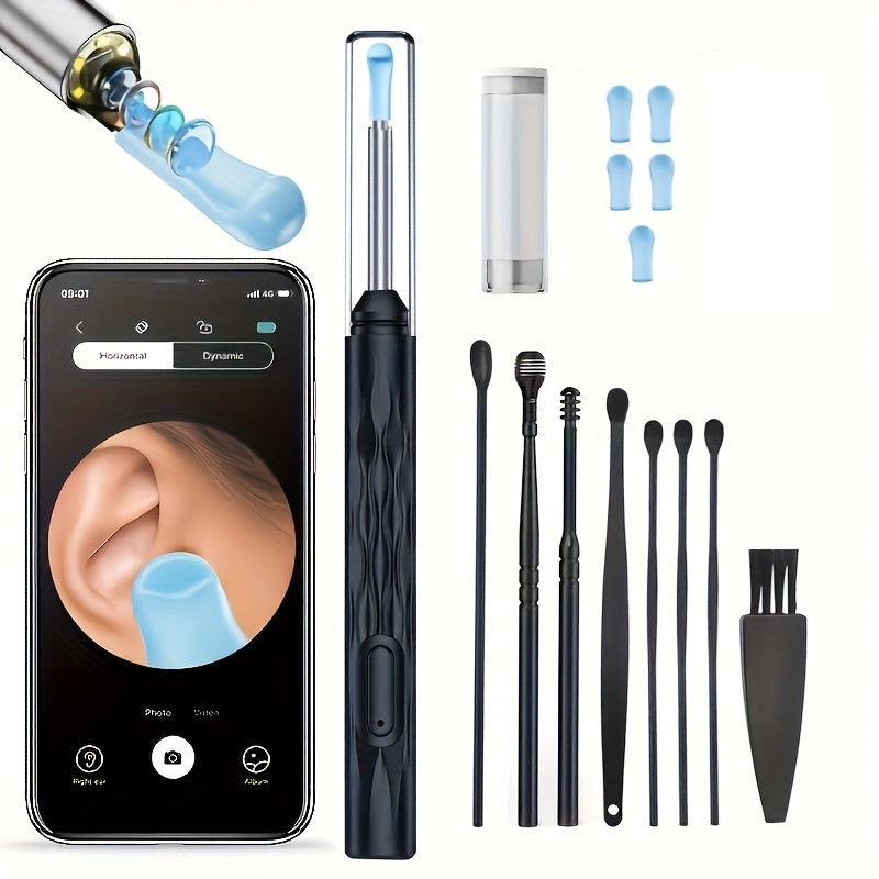 Earwax Remover Tool, Ear Wax Removal Kit with Camera and Light, Visual Ear Pick, 6 Silicone Tips Suitable for iOS and Android, 8pcs Ear Care Set, Easy and Safe Home Ear Cleaning Tool, Festival gift, birthday gift, Black