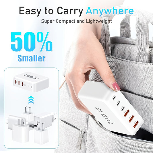 1Pce AU Plug 6-IN-1 2025 New Charger USB C Charger Block Thin Flat 100W 6-Port Wall Charger 1pc Type C Fast Charger Cube, PD&QC Wall Plug Power Adapter Compatible for iPhone 16/16 Pro/15/15 Pro/14/13, iPad, AirPods, iWatch, Samsung