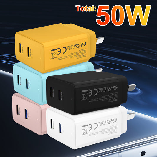Phones Fast Charger, 50W Dual PD Power Charger Adapter, 2-Port 25W/ 25W/ 50W USB-C Adapter, Dual USBC Wall Plug for iPhone 16/ 15/ 14/13/12 Pro, for Samsung S23/ S22, and More