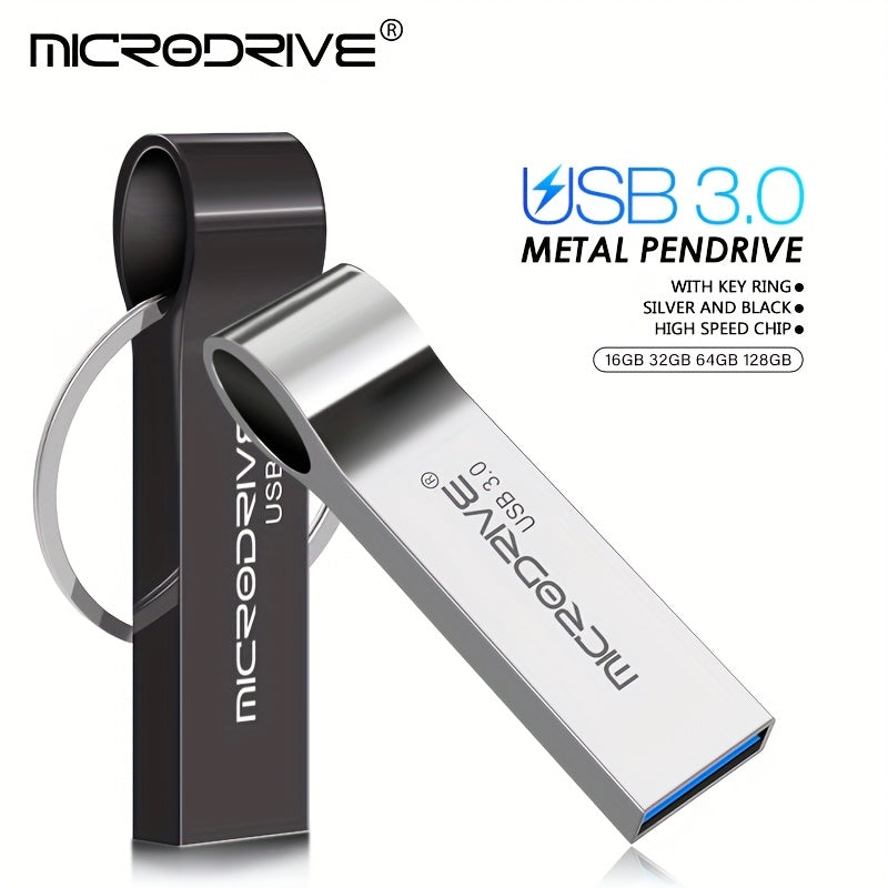 MicroDrive 3.0 USB High-Speed Flash Drive with Keychain - 16GB/32GB/64GB/128GB, Compact Metal Design & Key Ring for Laptop, Tablet, Car Audio, Multi-Functional Data Companion, Laptop Accessory, Sleek Metallic Finish, Durable Construction
