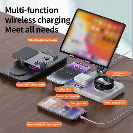 6in 1 Multiple Devices Fast Wireless Charger Pad with Clock Night Light Mobile Phone Tablet Holder Stand Wireless Charging Station for iPhone 16 15 14 13 12 11 X XR XS Pro Max Mini for Apple Watch for iwatch 10 9 8 7 6 5 4 Ultra SE for iPad