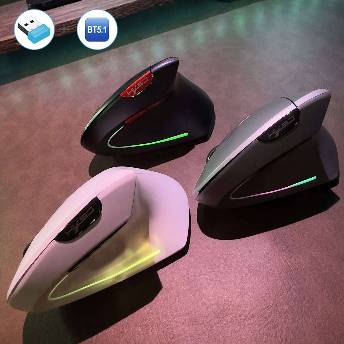 HXSJ Dual-Mode Wireless Mouse with 6 Buttons, USB 2.4G Plug and Play, Rechargeable Vertical Optical Mouse Suitable for Home and Office