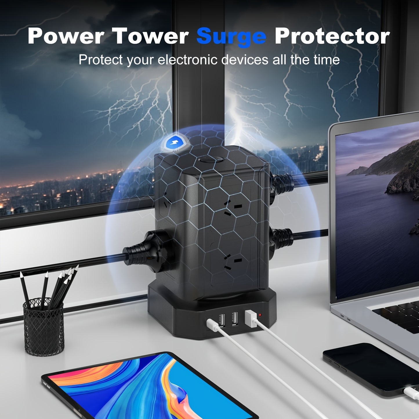 12-in-1 Australian Standard Surge Protector Power Strip with 8 AC Outlets & 4 USB Ports (Including 1*USB-C), 198.12cm Long Extension Cord, Overload Protection for Home, Office, Dorm