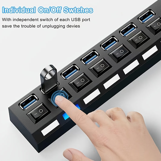 7-Port USB 3.0 Hub, USB Extension Multi-Port Adapter with Individual LED Switches, Male to Male MiniUSB Connector, USB Powered, Operating Voltage ≤36V, for Laptops, PCs, MacBooks, Mac Pro, Mac Mini, iMac, Surface Pro