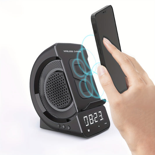 3-in-1 Portable Speaker, Phone Stand & Alarm Clock with Wireless Wireless Charging - USB Rechargeable, Black Modern Design, Perfect Gift for Boyfriend or Father