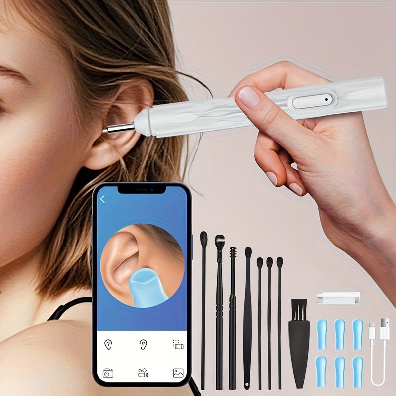 Earwax Remover Tool, Ear Wax Removal Kit with Camera and Light, Visual Ear Pick, 6 Silicone Tips Suitable for iOS and Android, 8pcs Ear Care Set, Easy and Safe Home Ear Cleaning Tool, Festival gift, birthday gift, Black