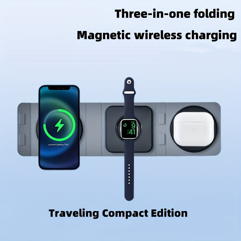 Faux Leather 3-in-1 Foldable Wireless Charger with 15W Fast Charging, Magnetic Portable Stand, Compatible with Smartwatches and Headphones, Dual Use for Desk or Car