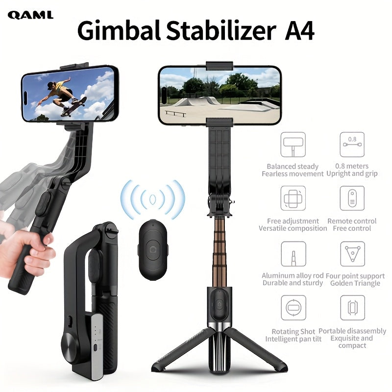 QAML A4 Head Stabilizer Tripod, USB Charging, ABS Material, 270° Swivel Desktop Stand, Adjustable Smartphone Holder for Live Streaming, Photography, 400Mah - for iPhone and for samsung Devices