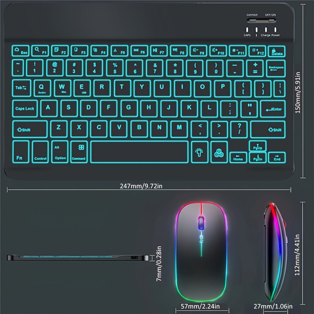 7-Color Backlit Portable Wireless Keyboard and Mouse Set for iPad, Tablet, and Laptop - Ergonomic Design
